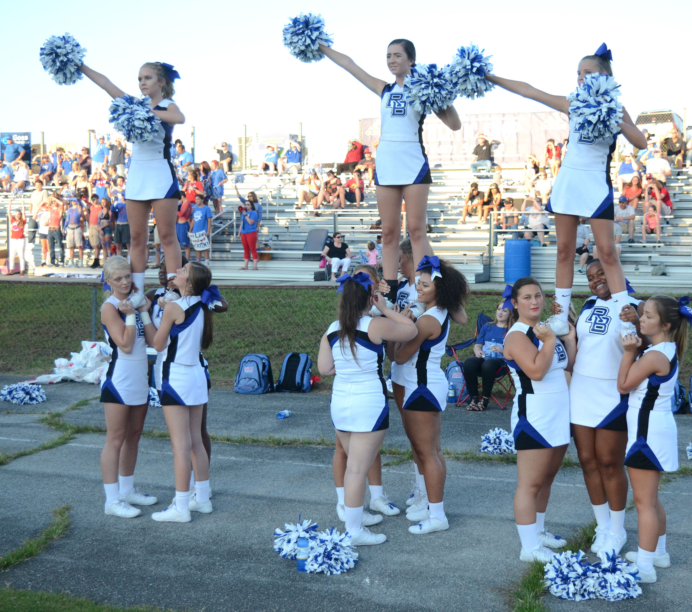 The Red Bank Cheerleaders cheer at the kickoff. The Red Bank Lions visited the Soddy-Daisy Trojans in TSSAA football action at Soddy-Daisy High School on August 18, 2017.