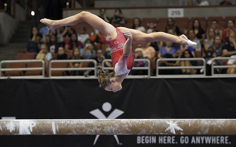 
              Ragan Smith competes on the balance beam during the opening round of the U.S. women's gymnastics championships, Friday, Aug. 18, 2017, in Anaheim, Calif. (AP Photo/Mark J. Terrill)
            