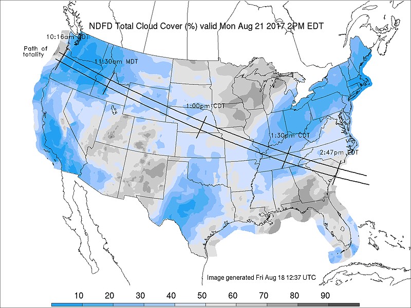 
              This image provided by the U.S. National Oceanic and Atmospheric Administration on Friday, Aug. 18, 2017 shows a forecast map of cloud cover for the United States for Monday, Aug. 21, 2017, and the path of totality of the solar eclipse that day. (NOAA via AP)
            