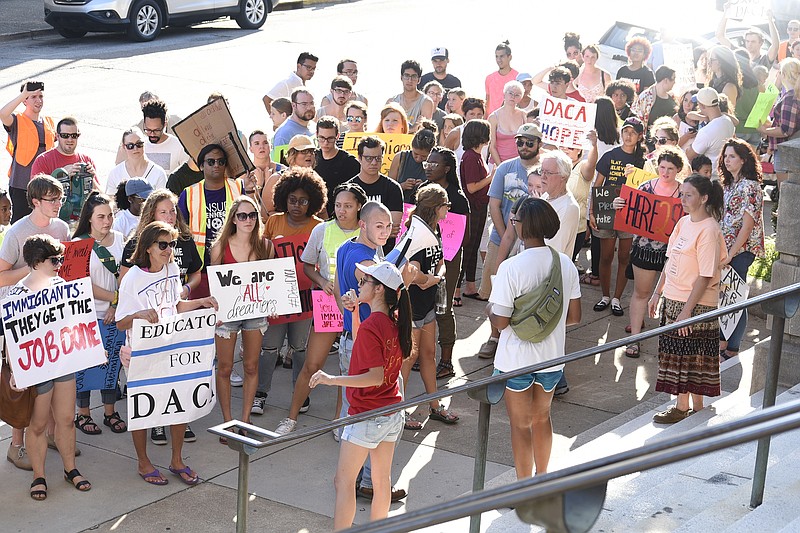 The march finishes in front of Chattanooga City Hall on East 11th Street.  The Tennessee Immigrant and Refugee Rights Coalition held a march in support of the Deferred Action for Childhood Arrivals Program in Downtown Chattanooga on August 19, 2017.  