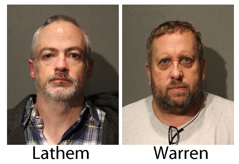 
              These booking photos provided by the Chicago Police Department show Wyndham Lathem, left, and Andrew Warren on Saturday, Aug. 19, 2017.  Lathem, a Northwestern University professor, and Warren, an Oxford University financial officer, have been charged with first-degree murder in the death of Trenton James Cornell-Duranleau, a Michigan native who had been working in Chicago. Authorities say Cornell-Duranleau suffered more than 40 stab wounds to his upper body during the July attack in Lathem's high-rise Chicago condo. Lathem and Warren surrendered peacefully to police in California on Aug. 4 after an eight-day manhunt. (Chicago Police Department via AP)
            