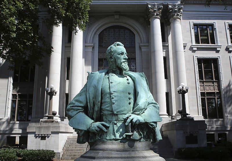 A bust of Confederate Lt. Gen. Alexander P. "Old A.P." Stewart is seen outside of the Hamilton County Courthouse on Wednesday, Aug. 16, in Chattanooga, Tenn.