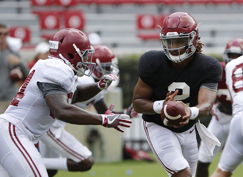 Alabama running back Damien Harris, who rushed for more than 1,000 yards last season, and quarterback Jalen Hurts, the reigning SEC offensive player of the year, are two among many reasons the Crimson Tide are No. 1 in the Associated Press preseason poll.
