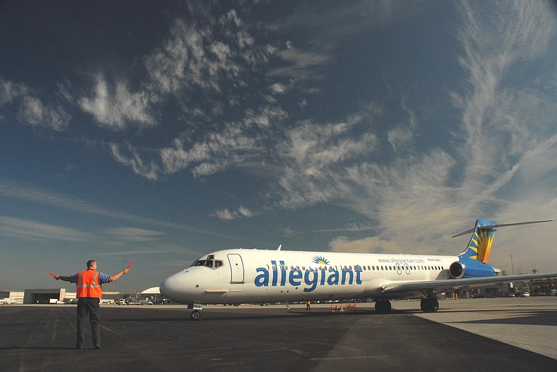 An Allegiant Air jet is directed to the runway at Chattanooga Metropolitan Airport. Allegiant could offer seasonal nonstops to Destin, Fla.