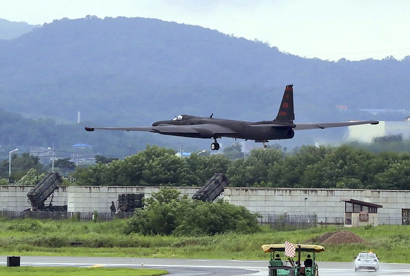 
              A U.S. Air Force U-2 spy plane takes off on the runway at the Osan U.S. Air Base in Pyeongtaek, South Korea, Monday, Aug. 21, 2017. U.S. and South Korean troops kicked off their annual drills Monday that come after U.S. President Donald Trump and North Korea exchanged warlike rhetoric in the wake of the North's two intercontinental ballistic missile tests last month. (Lee Sang-hack/Yonhap via AP)
            