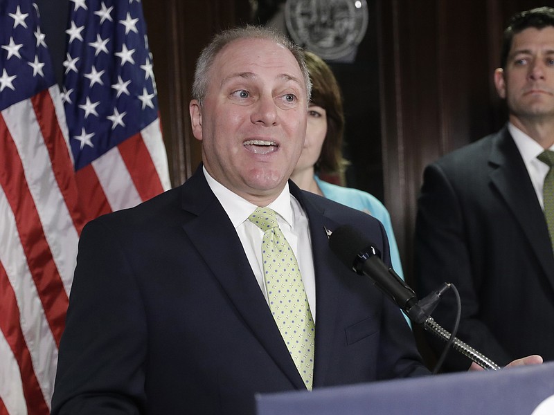 
              FILE - In this June 13, 2017 file photo, House Majority Whip Steve Scalise of La. speaks during a news conference at Republican National Committee Headquarters on Capitol Hill in Washington. Scalise, shot at a baseball practice in mid-June is telling colleagues that his return will be based on his doctors’ advice and a date has not yet been determined. (AP Photo/J. Scott Applewhite, File)
            