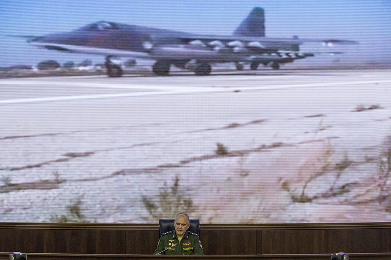 
              Lt.-Gen. Sergei Rudskoi of the Russian Military General Staff speaks to the media, in front of a screen showing a Russian Su-25 ground attack jet speeds up on take off, in Moscow, Russia, Monday, Aug. 21, 2017. Russia said Monday it has intensified its air campaign in Syria to help President Bashar Assad's forces drive Islamic State militants from Deir el-Zour, a major stronghold for the group, killing an estimated 800 militants across the country this month alone. (AP Photo/Pavel Golovkin)
            