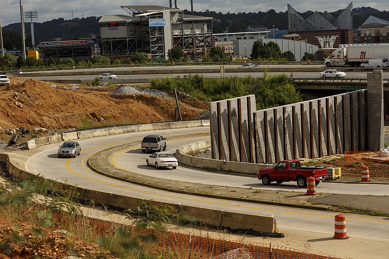 Vehicles travel near a new support structure at the Fourth Street exit on U.S. Highway 27 on Friday, Aug. 18, 2017, in Chattanooga, Tenn. Construction on the section of highway from the Olgiati Bridge to I-24 is the most expensive project in TDOT history with a $126.3 million contract.