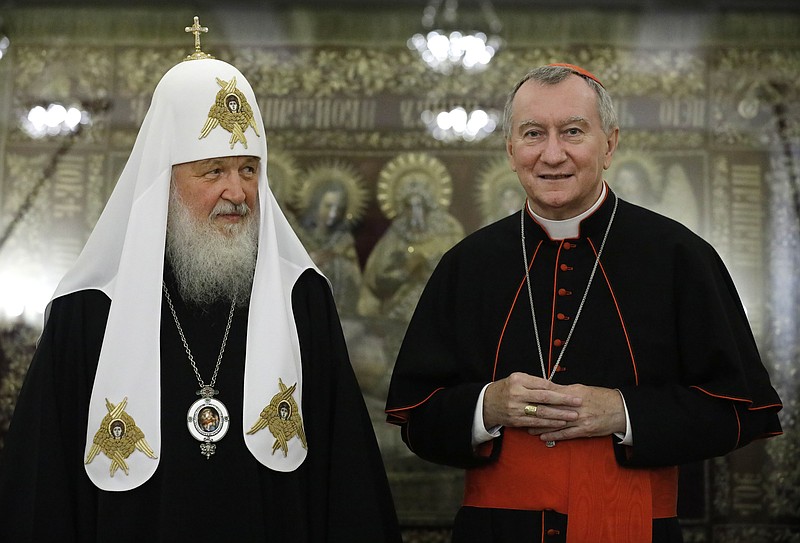 
              Vatican Secretary of State Pietro Parolin, right, meets head of the Russian Orthodox Church Patriarch Kirill, at the St. Danilov monastery, Russian Patriarch's residence in Moscow, Tuesday, Aug. 22, 2017. (AP Photo/Alexander Zemlianichenko)
            