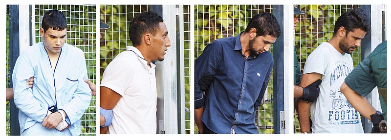 
              In this combination photo, four un-named alleged members of a terror cell accused of killing 15 people in attacks in Barcelona leaves a Civil Guard base on the outskirts of Madrid before appearing in court in Madrid, Spain, Tuesday Aug. 22, 2017.  Four men were arrested last week for their alleged involvement in the planning or execution of attacks in Barcelona on Thursday and the northeastern resort town of Cambrils early Friday.(AP Photo)
            