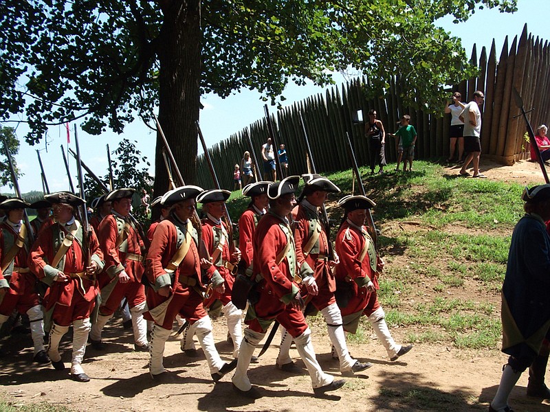 Re-enactors portray British soldiers during the weekend program "1760: Cherokee Victory at Fort Loudoun" in Vonore, Tenn.