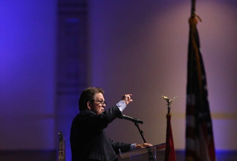 Economist Arthur Laffer speaks Wednesday, Aug. 23, 2017, during the annual Chattanooga Chamber of Commerce Meeting at the Chattanooga Convention Center. Laffer was the keynote speaker during the event. 