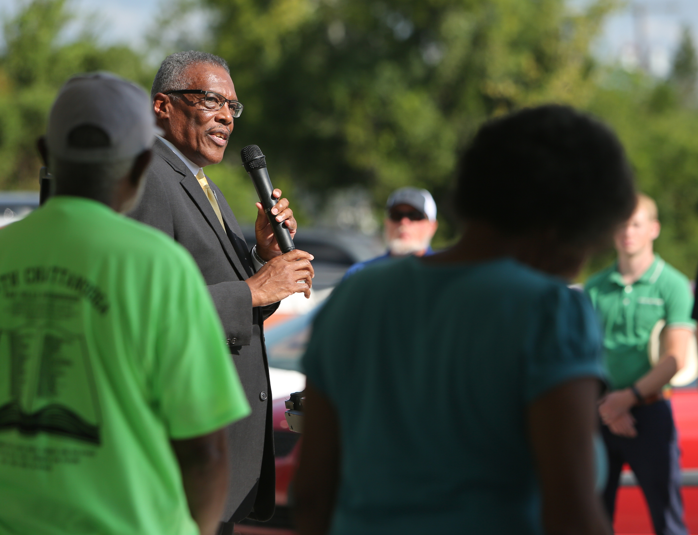District 7 Councilman Erskine Oglesby speaks Wednesday, Aug. 23, 2017, during the ribbon cutting ceremony for the Southside Community Park in Chattanooga, Tenn. The park is located at the site where Charles A. Bell Elementary School was formerly located.