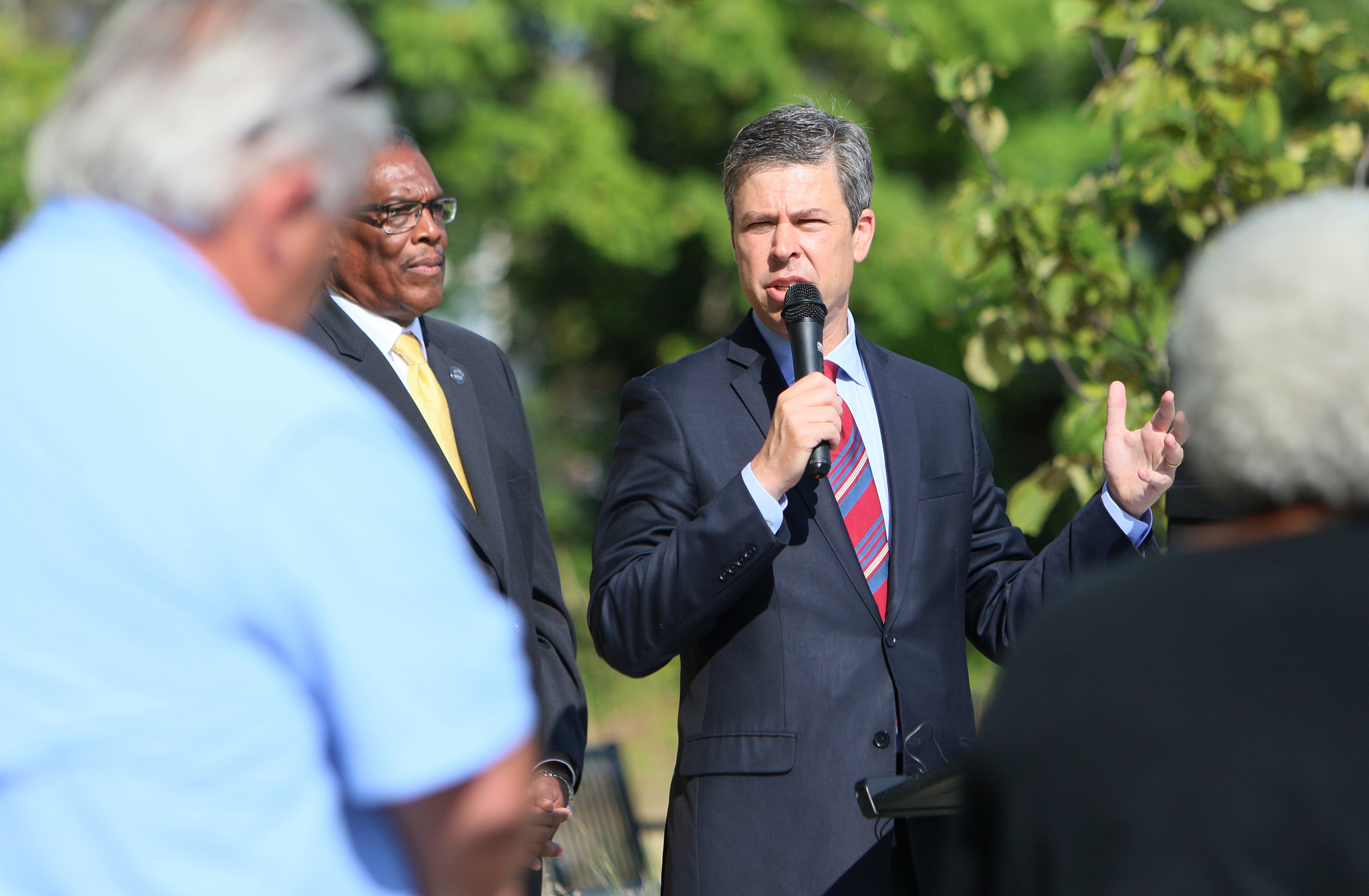 Chattanooga Mayor Andy Berke speaks Wednesday, Aug. 23, 2017, during the ribbon cutting ceremony for the Southside Community Park in Chattanooga, Tenn. The park completes the transformation of the long-vacant site to a gathering place for the neighborhood.