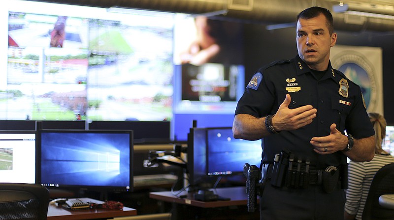 Chattanooga Police Chief David Roddy speaks during a tour of the real-time intelligence center at the Police Services Center on Wednesday, Aug. 23, in Chattanooga, Tenn.