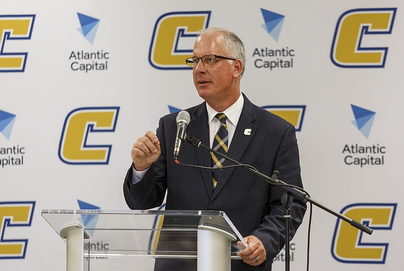 New UTC athletic director Mark Wharton speaks during his introductory news conference Wednesday afternoon.