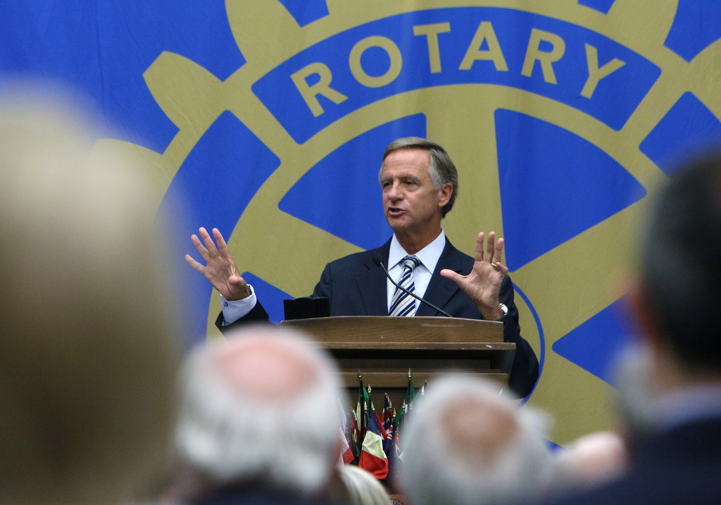 Gov. Bill Haslam speaks during the Chattanooga Rotary Club meeting Thursday, Aug. 24, 2017, at the Chattanooga Convention Center in Chattanooga, Tenn. Haslam will address a Senate health committee next month looking into health care reform.