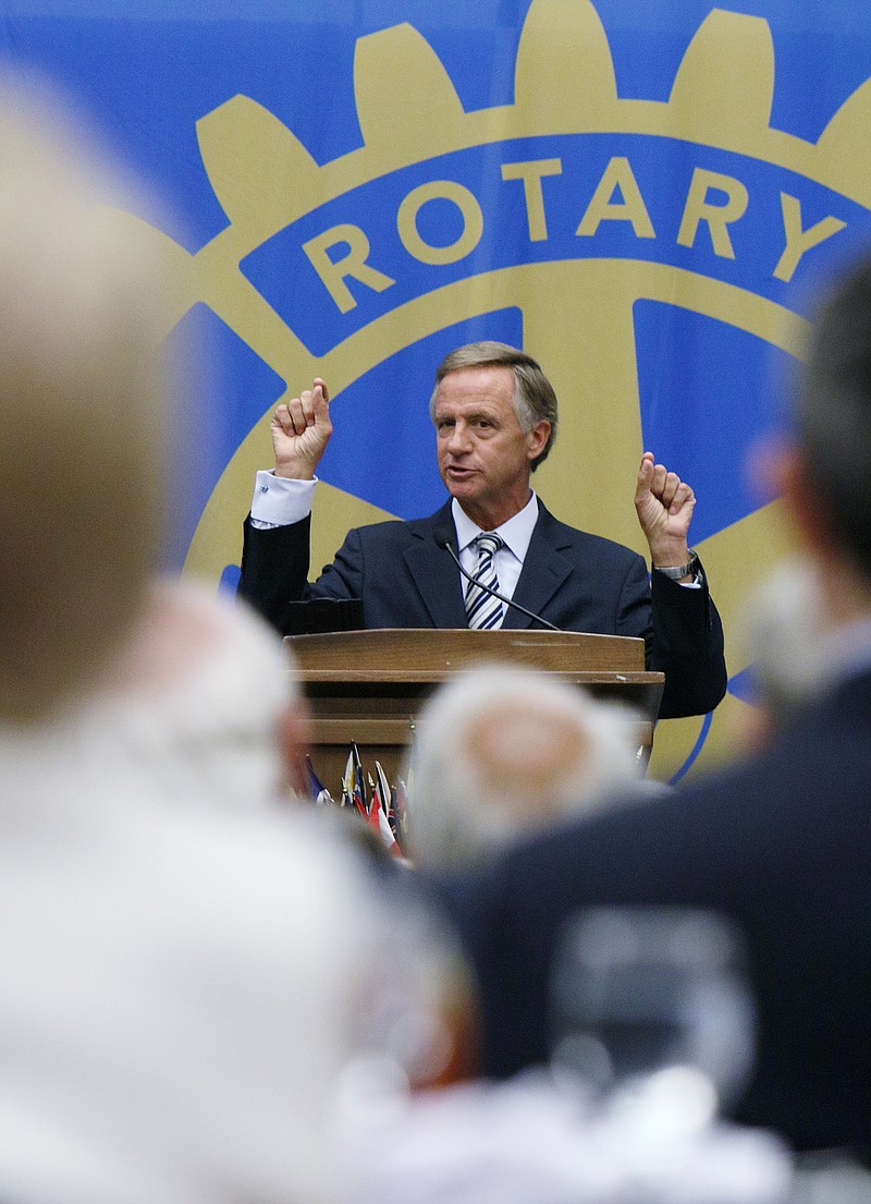 Gov. Bill Haslam speaks during the Chattanooga Rotary Club meeting Thursday, Aug. 24, 2017, at the Chattanooga Convention Center in Chattanooga, Tenn. Haslam will address a Senate health committee next month looking into health care reform. 