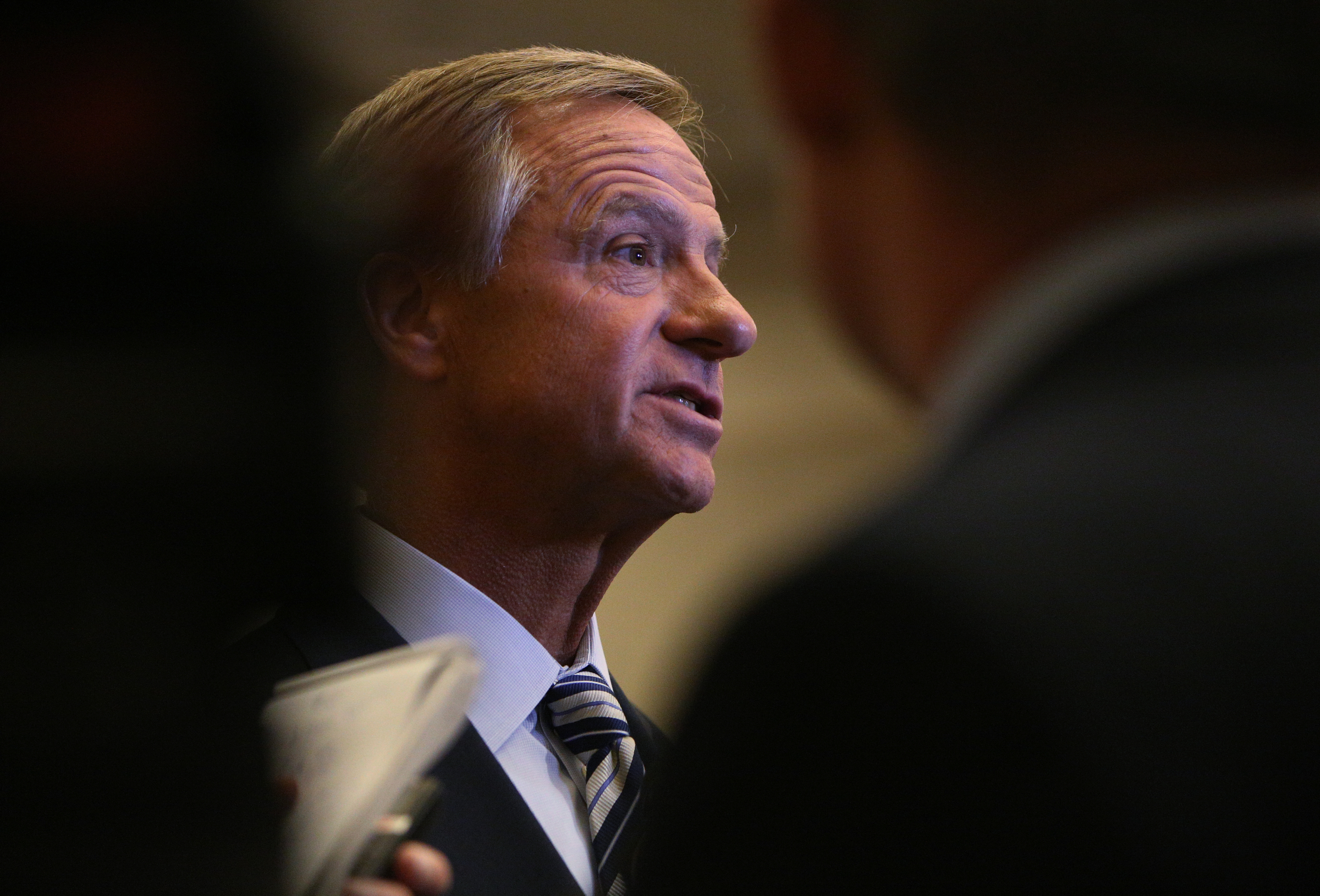 Gov. Bill Haslam speaks to press following the Chattanooga Rotary Club meeting Thursday, Aug. 24, 2017, at the Chattanooga Convention Center in Chattanooga, Tenn. Haslam spoke about health care and education among other topics during the event.