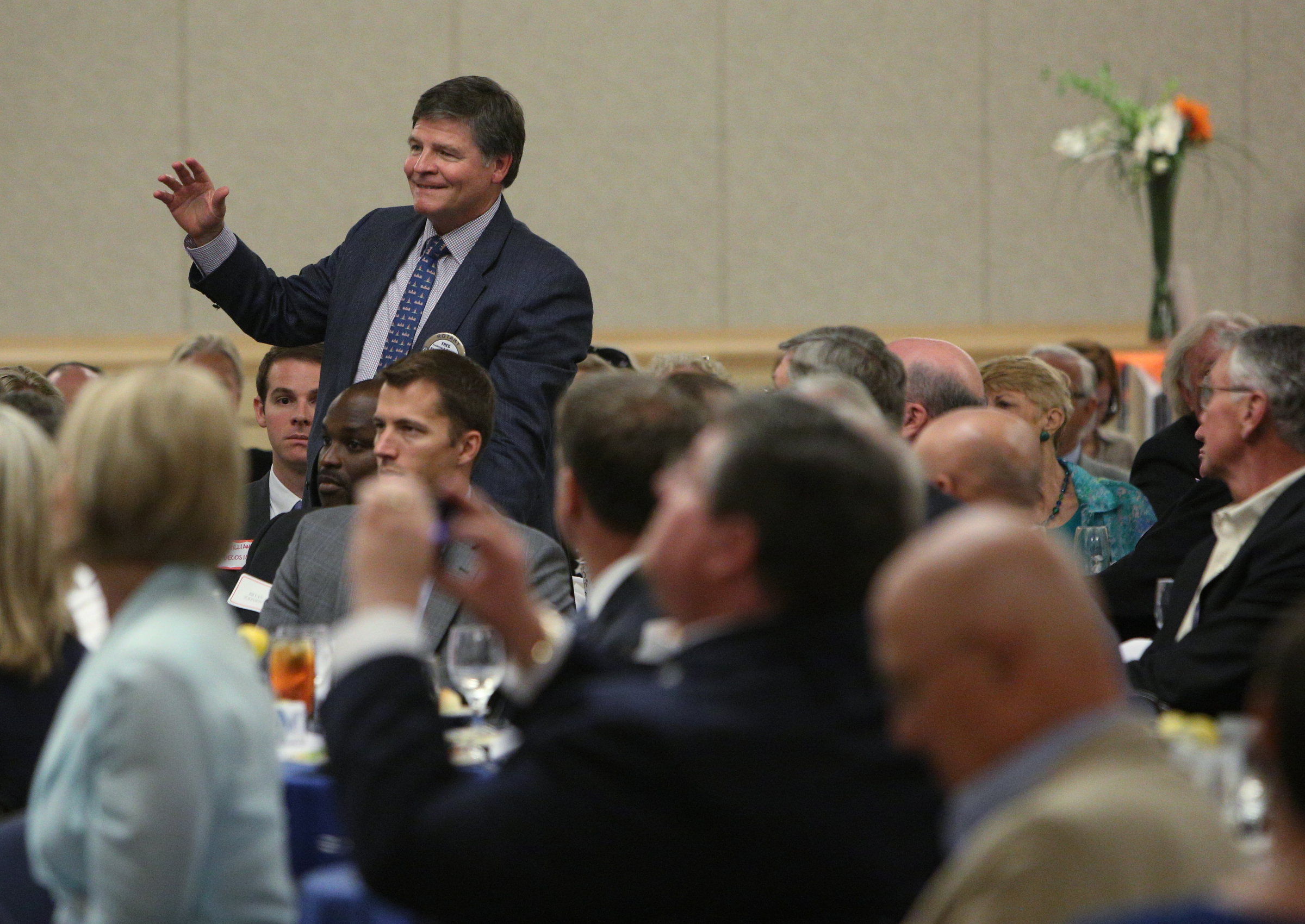 Fred Decosimo asks Gov. Bill Haslam a question about the opioid crisis during the Chattanooga Rotary Club meeting Thursday, Aug. 24, 2017, at the Chattanooga Convention Center in Chattanooga, Tenn. Haslam fielded audience question following his formal speech.