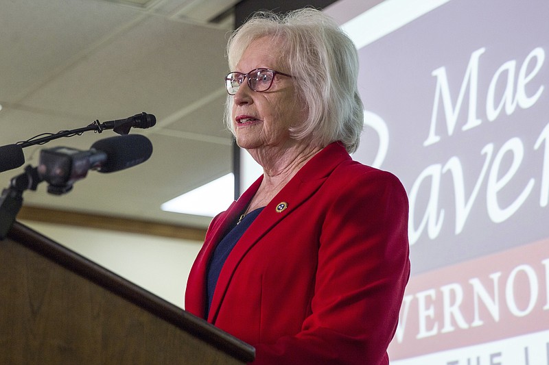 State Sen. Mae Beavers announces that she plans to resign from her state Senate seat to focus on her Republican bid for governor, in Mt. Juliet, Tenn., on Wednesday, Aug. 23, 2017. (AP Photo/Erik Schelzig)