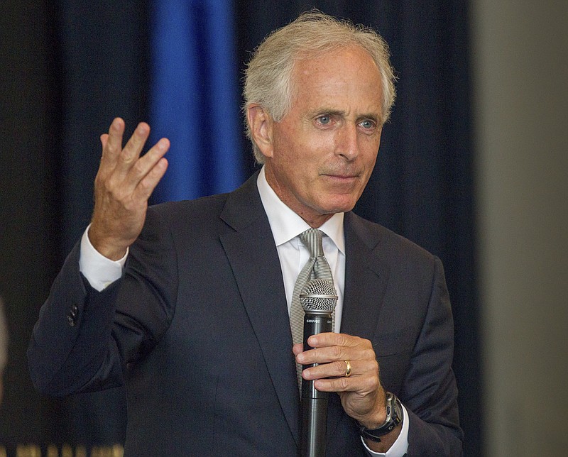U.S. Sen. Bob Corker, R-Tenn., speaks at a luncheon hosted by the Kiwanis and Rotary clubs in Columbia, Tenn., on Friday, Aug. 18, 2017. Corker said he felt compelled to voice criticism of Donald Trump after the president said white supremacists didn't bear all the blame for a melee in Charlottesville, Virginia, where a woman was killed after being struck by a car driven into a crowd. (AP Photo/Erik Schelzig)