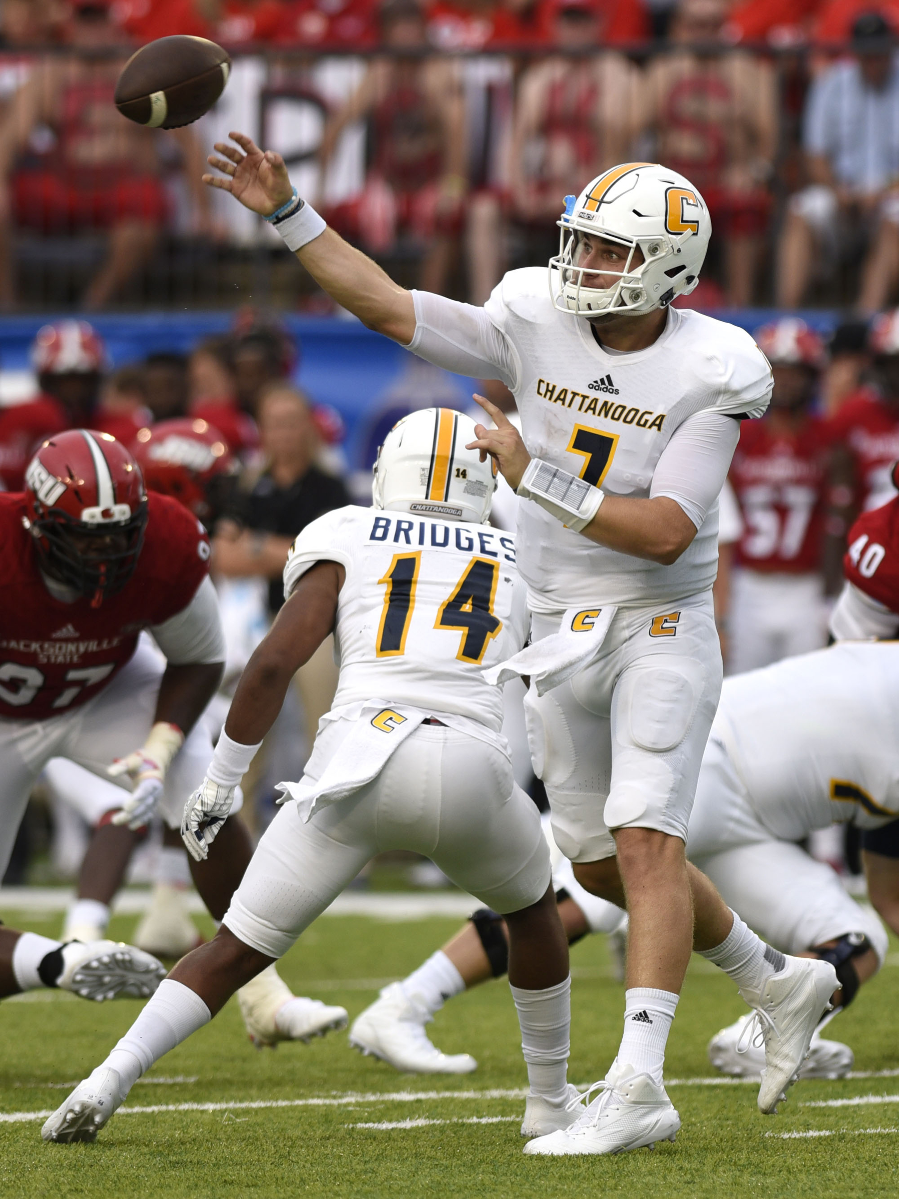 UTC quarterback Nick Tiano (7) throws an outlet pass. The University of Chattanooga Mocs met the Jacksonville State Gamecocks in the Guardian Credit Union FCS Kickoff at the Carmton Bowl in Montgomery, Alabama on August 26, 2017.