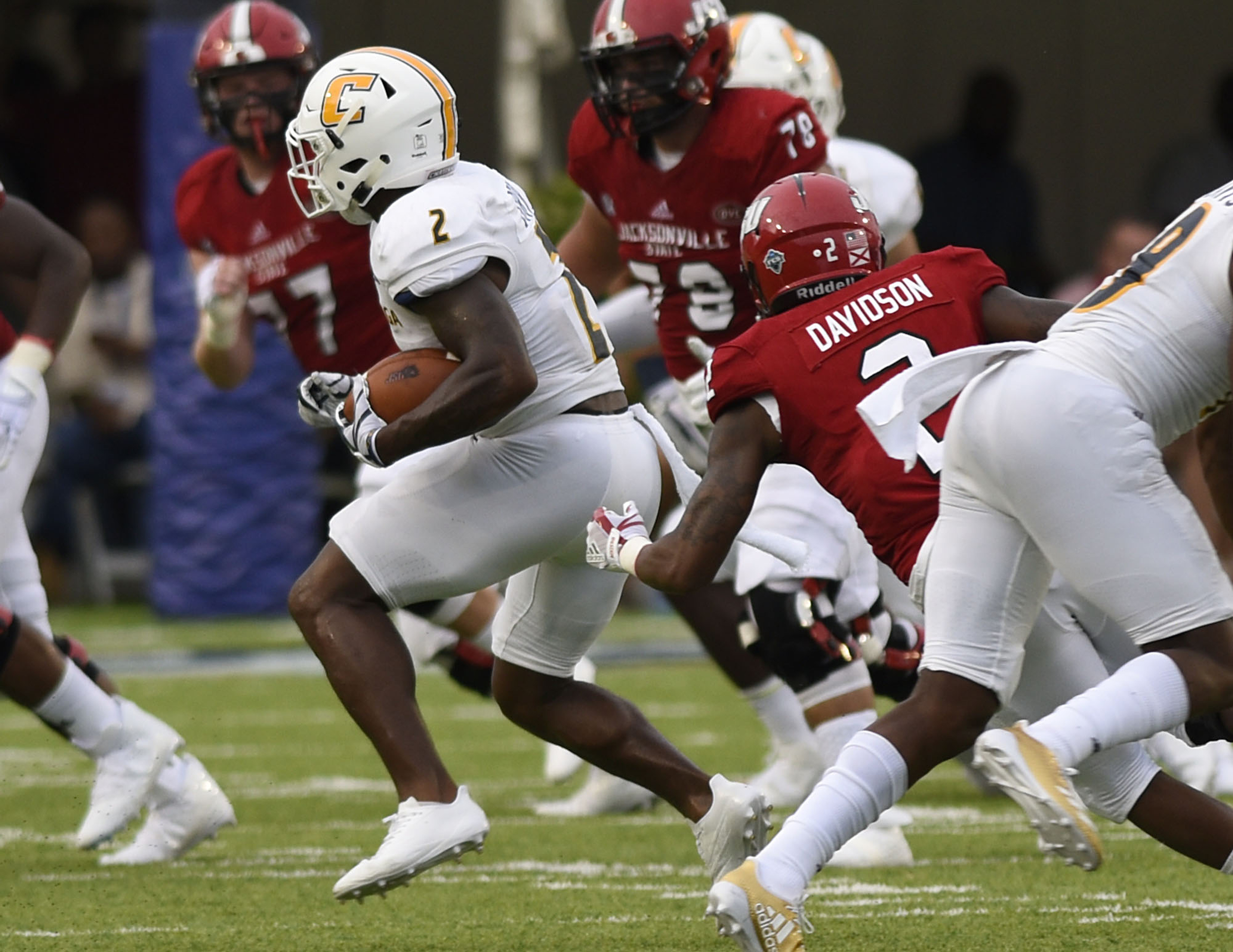 UTC's Kareem Orr (2) returns an interception. The University of Chattanooga Mocs met the Jacksonville State Gamecocks in the Guardian Credit Union FCS Kickoff at the Carmton Bowl in Montgomery, Alabama on August 26, 2017.