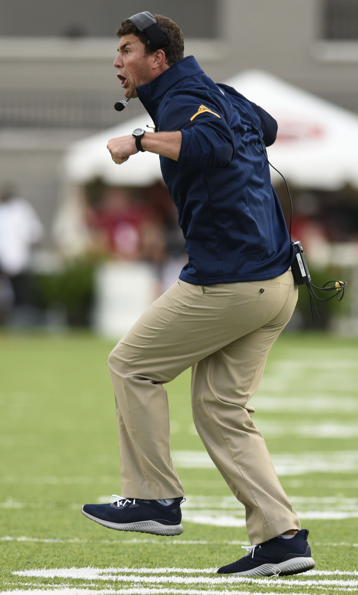 UTC head coach Tom Arth reacts to a official's call. The University of Chattanooga Mocs met the Jacksonville State Gamecocks in the Guardian Credit Union FCS Kickoff at the Carmton Bowl in Montgomery, Alabama on August 26, 2017.