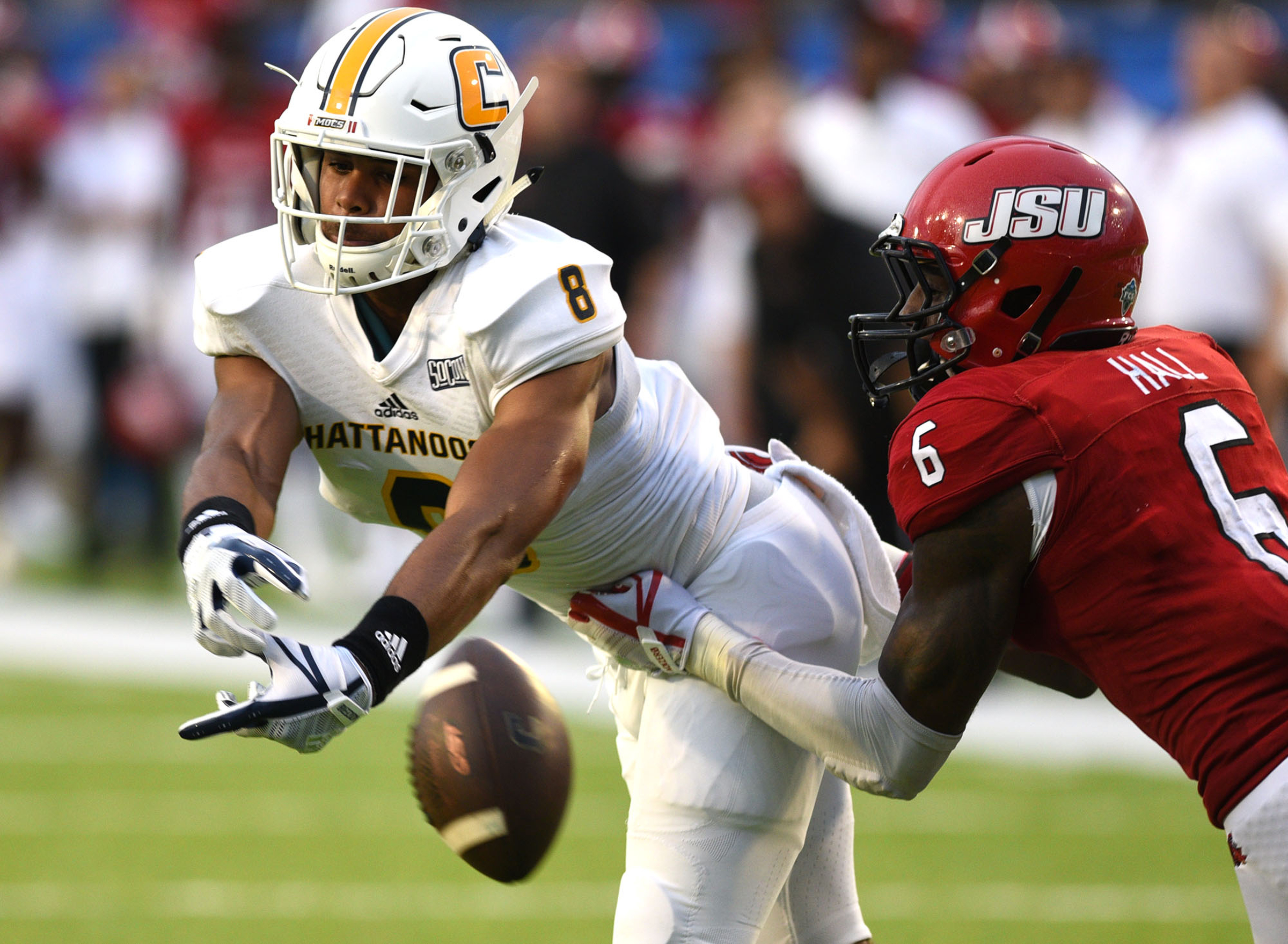 UTC's James Stovall (8) can't handle a pass while Jacksonville's Reggie Hall (6) defends. The University of Chattanooga Mocs met the Jacksonville State Gamecocks in the Guardian Credit Union FCS Kickoff at the Carmton Bowl in Montgomery, Alabama on August 26, 2017.