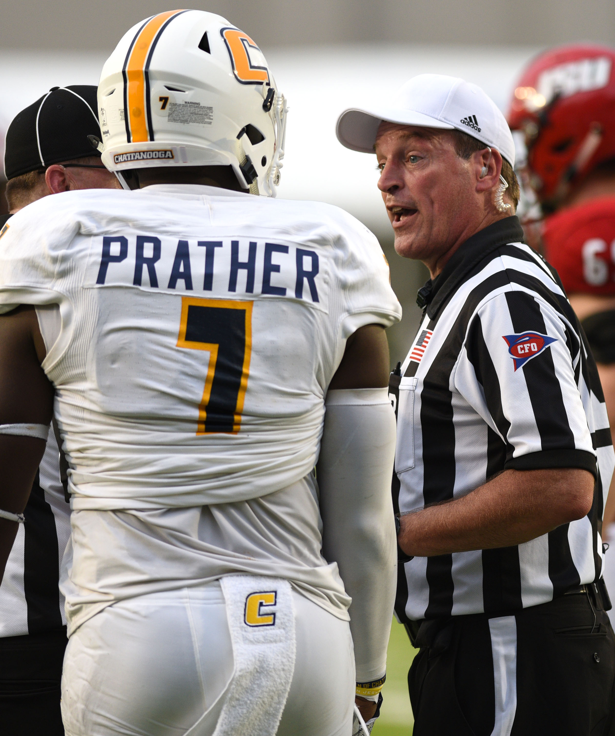 D.J. Prather (7) discusses a rough the passer penalty with referee Drew Myers. The University of Chattanooga Mocs met the Jacksonville State Gamecocks in the Guardian Credit Union FCS Kickoff at the Carmton Bowl in Montgomery, Alabama on August 26, 2017.