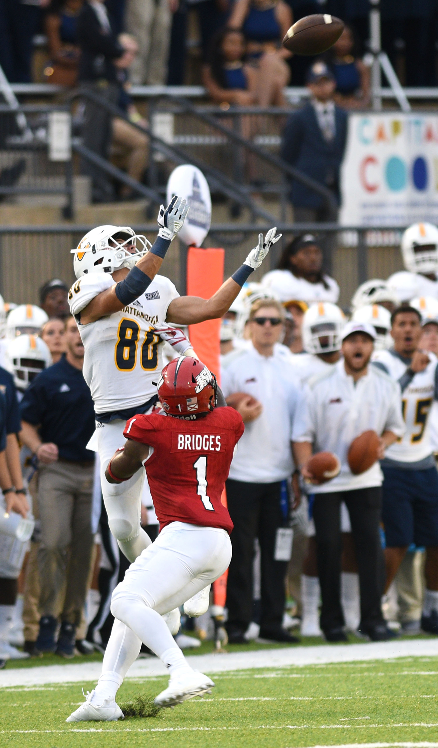 UTC's Joseph Parker (80) goes up over Jacksonville's Marion Bridges (1) for a big pass reception. The University of Chattanooga Mocs met the Jacksonville State Gamecocks in the Guardian Credit Union FCS Kickoff at the Carmton Bowl in Montgomery, Alabama on August 26, 2017.