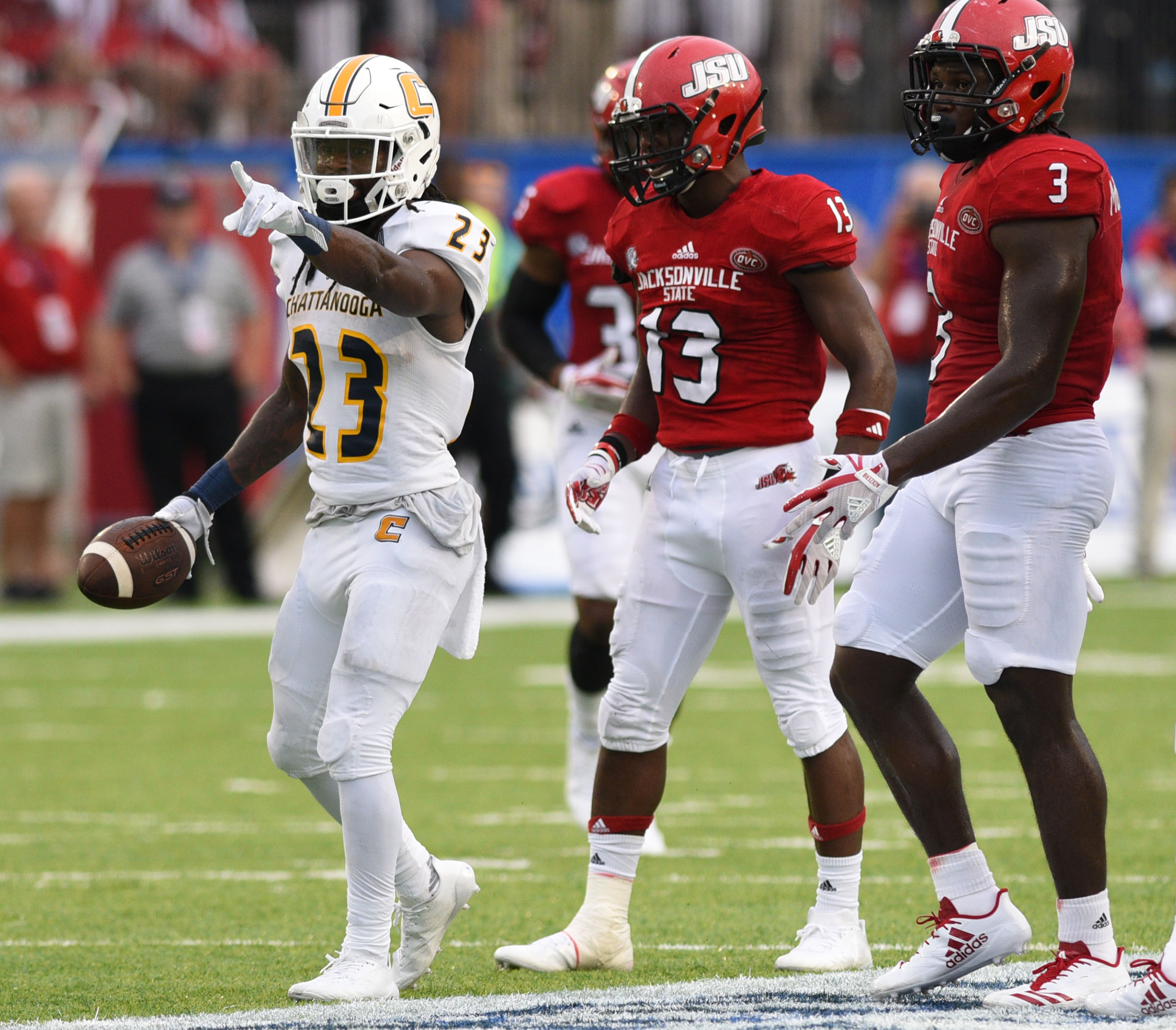 Richardre Bagley (23) points to a Moc first down. The University of Chattanooga Mocs met the Jacksonville State Gamecocks in the Guardian Credit Union FCS Kickoff at the Carmton Bowl in Montgomery, Alabama on August 26, 2017.