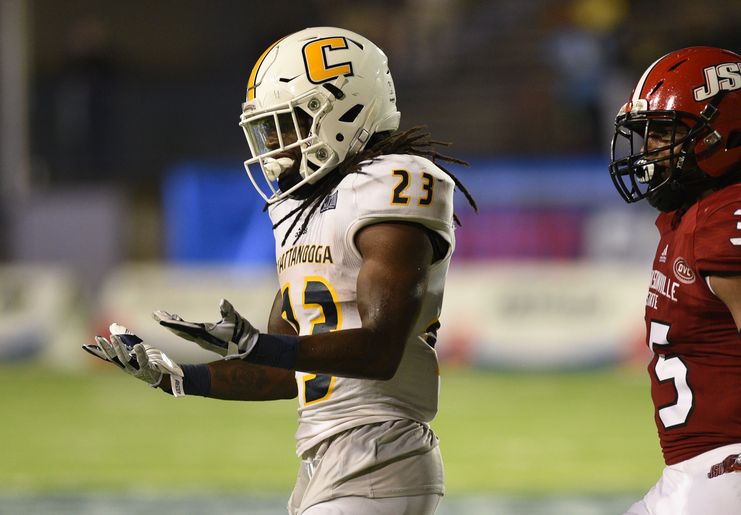 UTC's Richardre Bagley (23) looks at his hands after dropping passes on two straight plays. The University of Chattanooga Mocs met the Jacksonville State Gamecocks in the Guardian Credit Union FCS Kickoff at the Carmton Bowl in Montgomery, Alabama on August 26, 2017.
