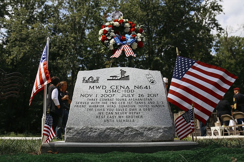 
              Small U.S. flags decorate a tombstone during a funeral service for Cena, a 10-year-old military service dog, at the Michigan War Dog Memorial in South Lyon on Saturday, Aug. 26, 2017. (Hunter Dyke/The Ann Arbor News via AP)
            