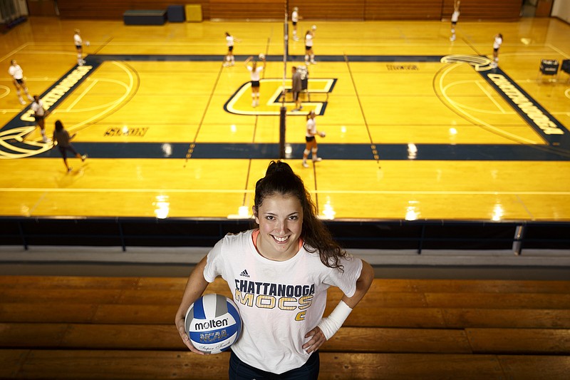 UTC volleyball player Lauren Greenspoon poses stands in Maclellan Gymnasium on Wednesday, Sept. 23, 2015, in Chattanooga, Tenn.