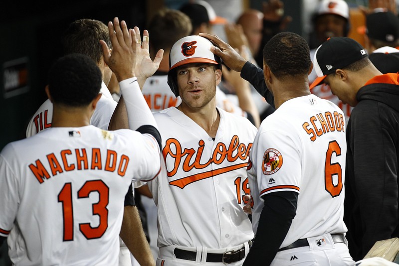 
              Baltimore Orioles' Chris Davis, center, high-fives teammates in the dugout after scoring on Welington Castillo's single in the second inning of a baseball game against the Seattle Mariners in Baltimore, Monday, Aug. 28, 2017. (AP Photo/Patrick Semansky)
            