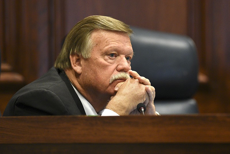 Hamilton County Mayor Jim Coppinger listens during the meeting.  The Hamilton County Commission listened to a presentation and recommendations for short and long-term jail and workhouse overcrowding at the Wednesday meeting in the Hamilton County Courthouse on August 29, 2017. 