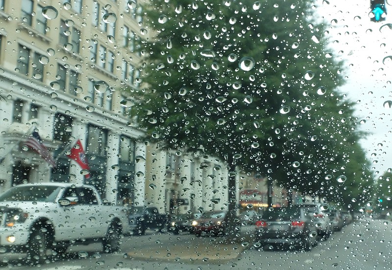 The leading edge of tropical system Harvey moves in to Chattanooga late Wednesday bringing much needed rain to the area in this view at 800 Broad St.