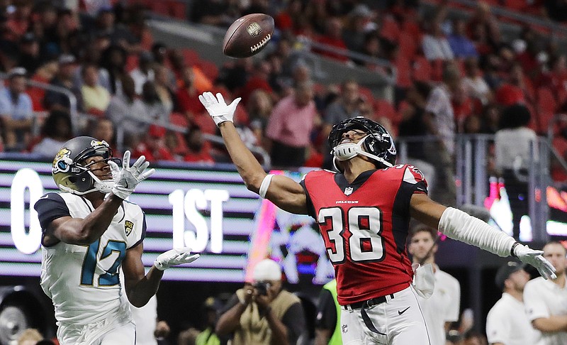 Jacksonville Jaguars wide receiver Dede Westbrook (12) prepares to make a touchdown catch against Atlanta Falcons Akeem King (38) during the first half of an NFL football game, Thursday, Aug. 31, 2017, in Atlanta. (AP Photo/David Goldman)