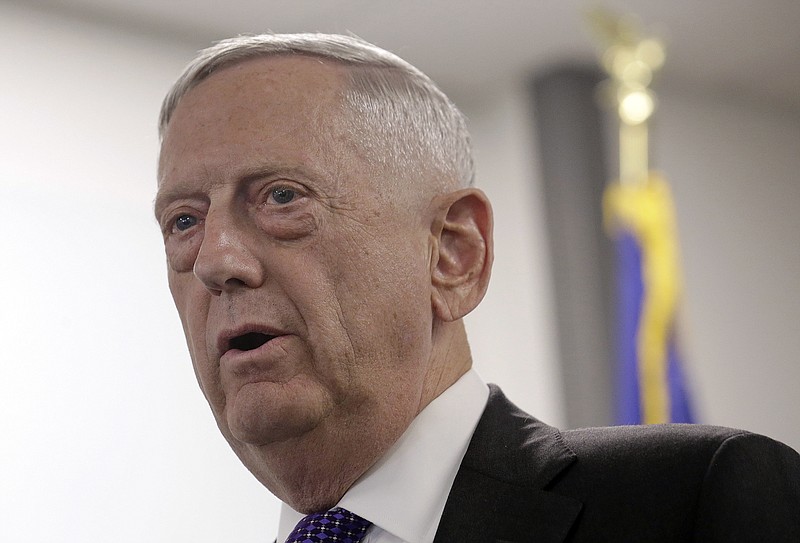 
              FILE - In this Aug. 10, 2017 file photo, Defense Secretary Jim Mattis speaks in Mountain View, Calif. Mattis said Wednesday, Aug. 30, 2017, the U.S. remains focused on diplomacy as well as military readiness. Amid the heightened tensions on the divided Korean Peninsula, the U.S. and South Korea have been conducting annual military drills.  (AP Photo/Jeff Chiu, File)
            