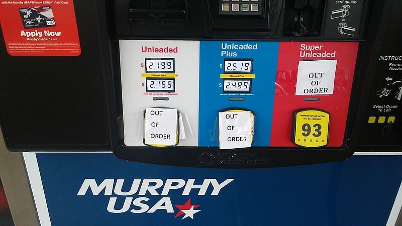 Signs on the pumps indicate there's no gasoline — only diesel — Friday morning at the Highway 153 Walmart Supercenter's Murphy USA gas station in Hixson.