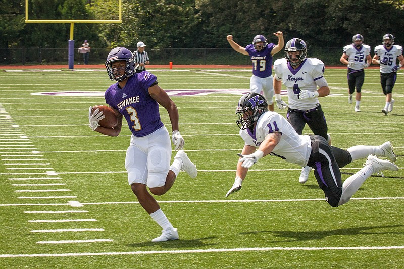 Sewanee's Calid Shorter finishes a 34-yard touchdown pass play from quarterback Alex Darras in the Tigers' 45-20 season-opening victory Saturday against Kenyon.