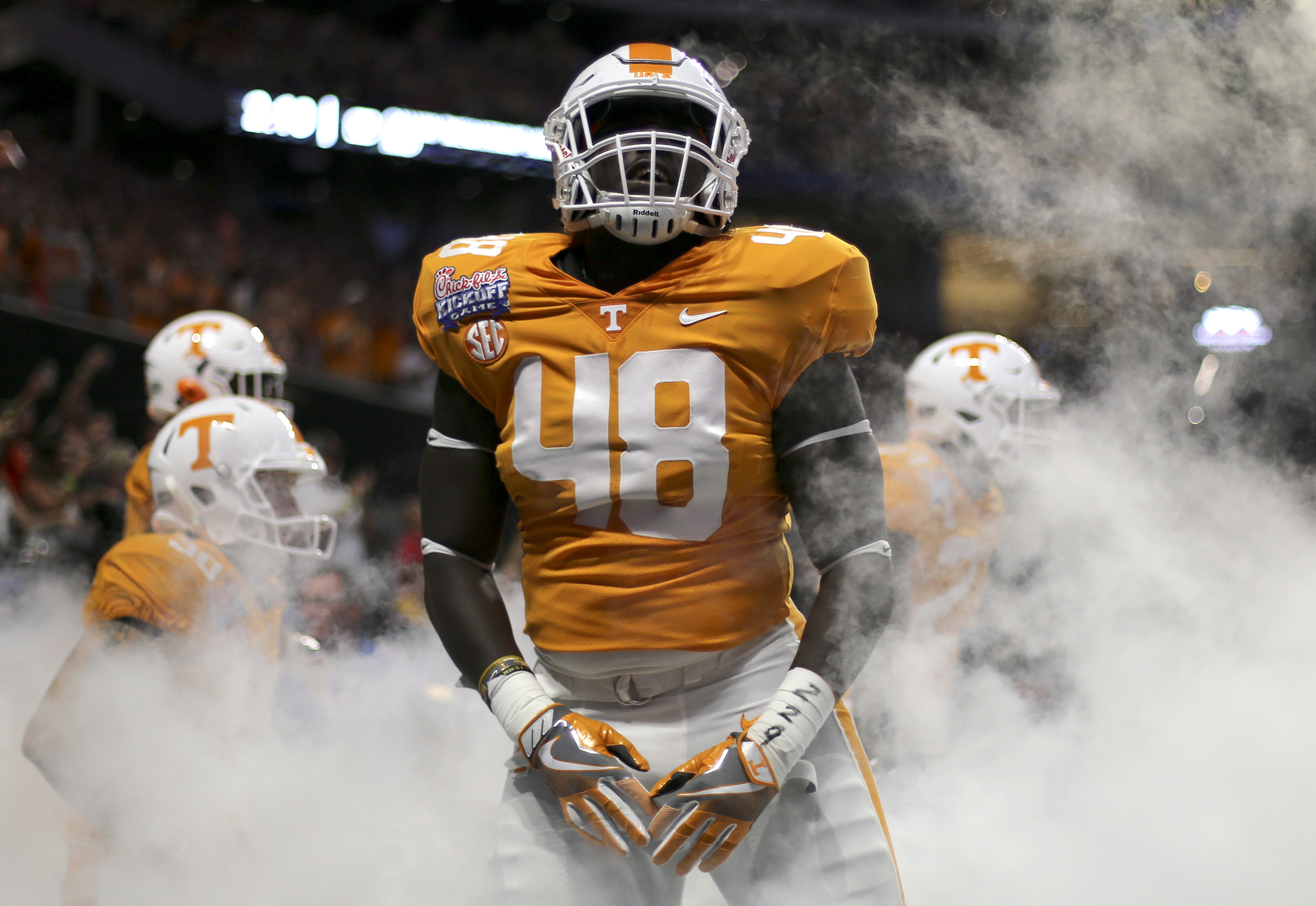 Tennessee defensive lineman Ja'Quain Blakely (48) gets pumped up as he takes the field for the Chick-fil-A Kickoff Game against Georgia Tech at Mercedes-Benz Stadium on Monday, Sept. 4, in Atlanta, Ga.