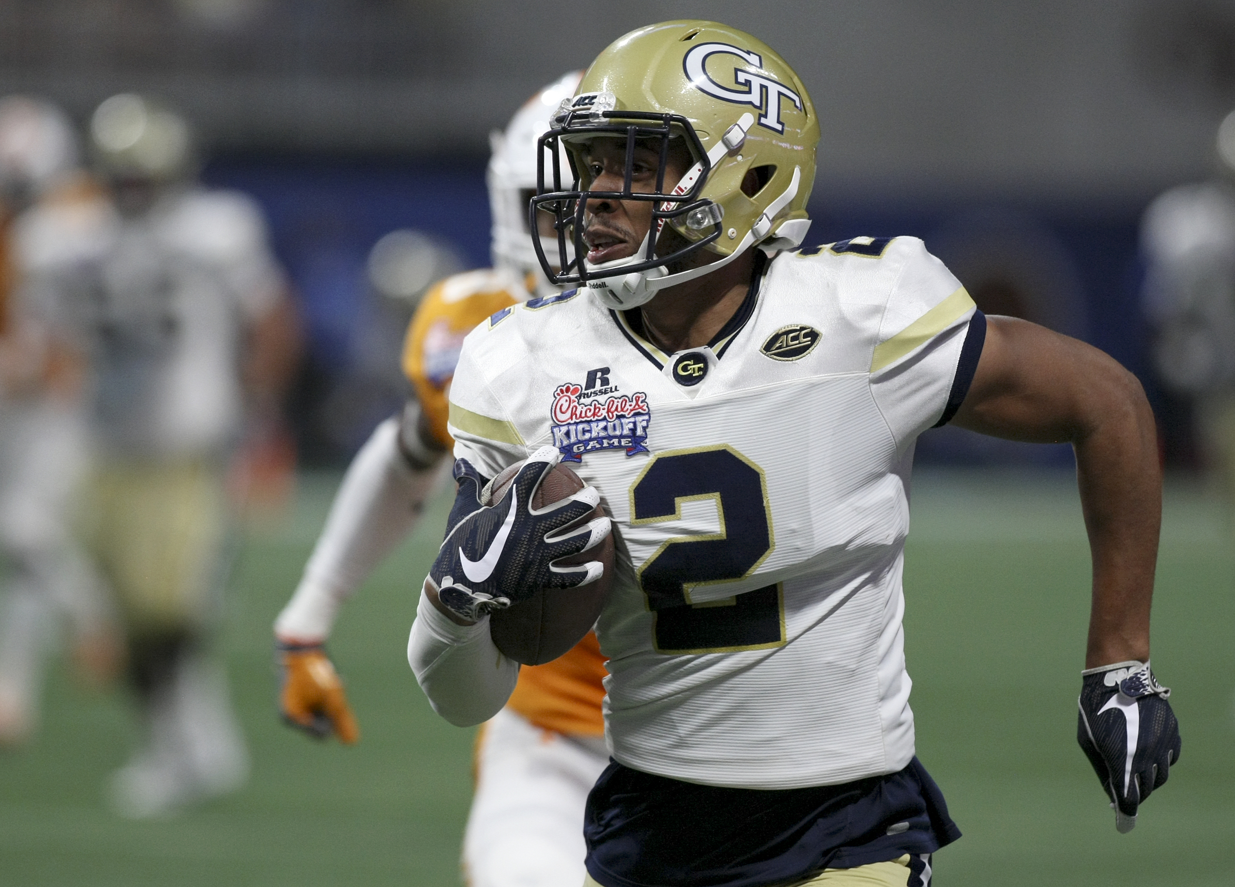 Georgia Tech wide receiver Ricky Jeune (2) runs down the sideline after making a catch against Tennessee during the Chick-fil-A Kickoff Game at Mercedes-Benz Stadium on Monday, Sept. 4, in Atlanta, Ga.