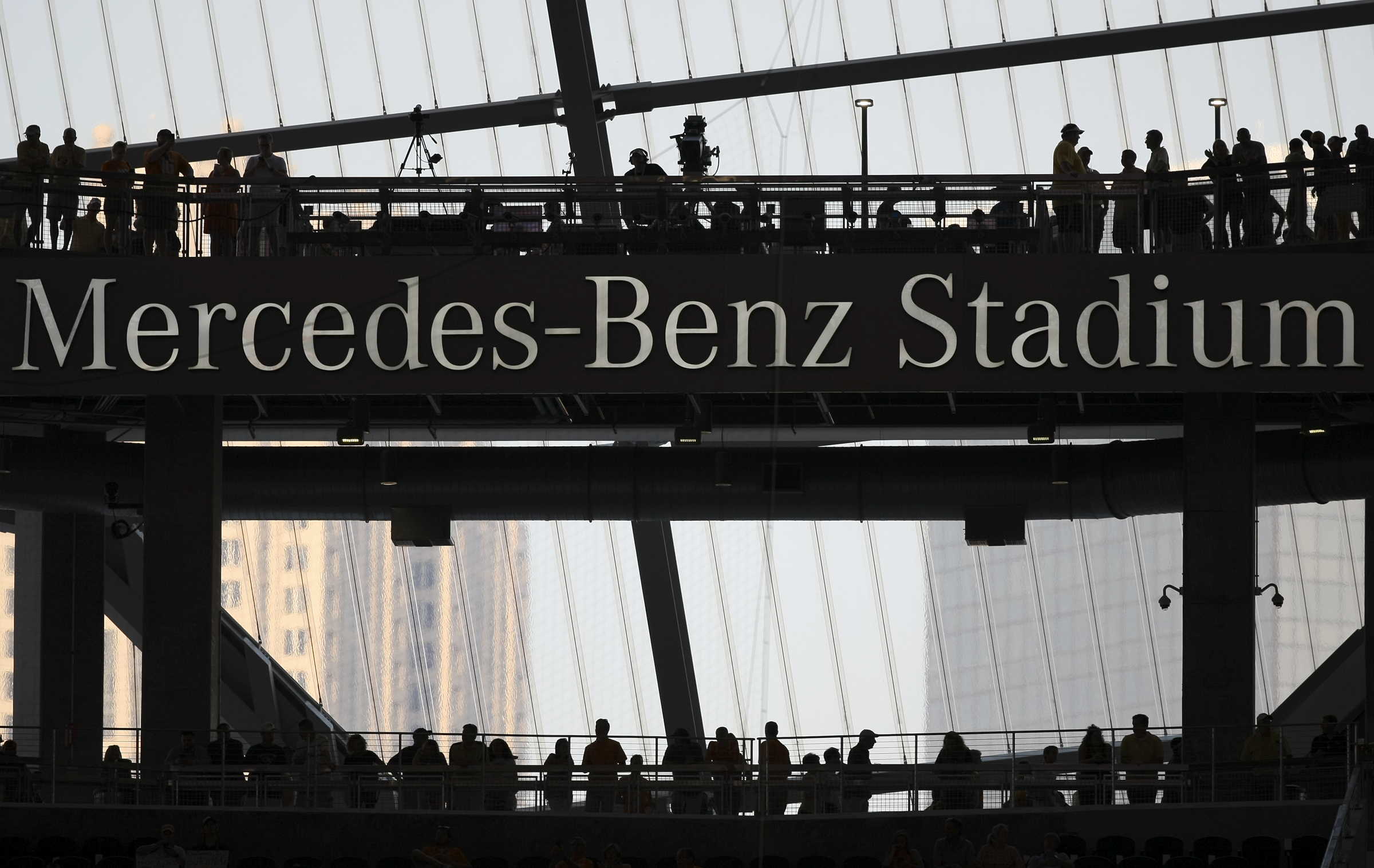 Fans are seen before kickoff of the Chick-fil-A Kickoff Game between Georgia Tech and Tennessee at Mercedes-Benz Stadium on Monday, Sept. 4, in Atlanta, Ga.