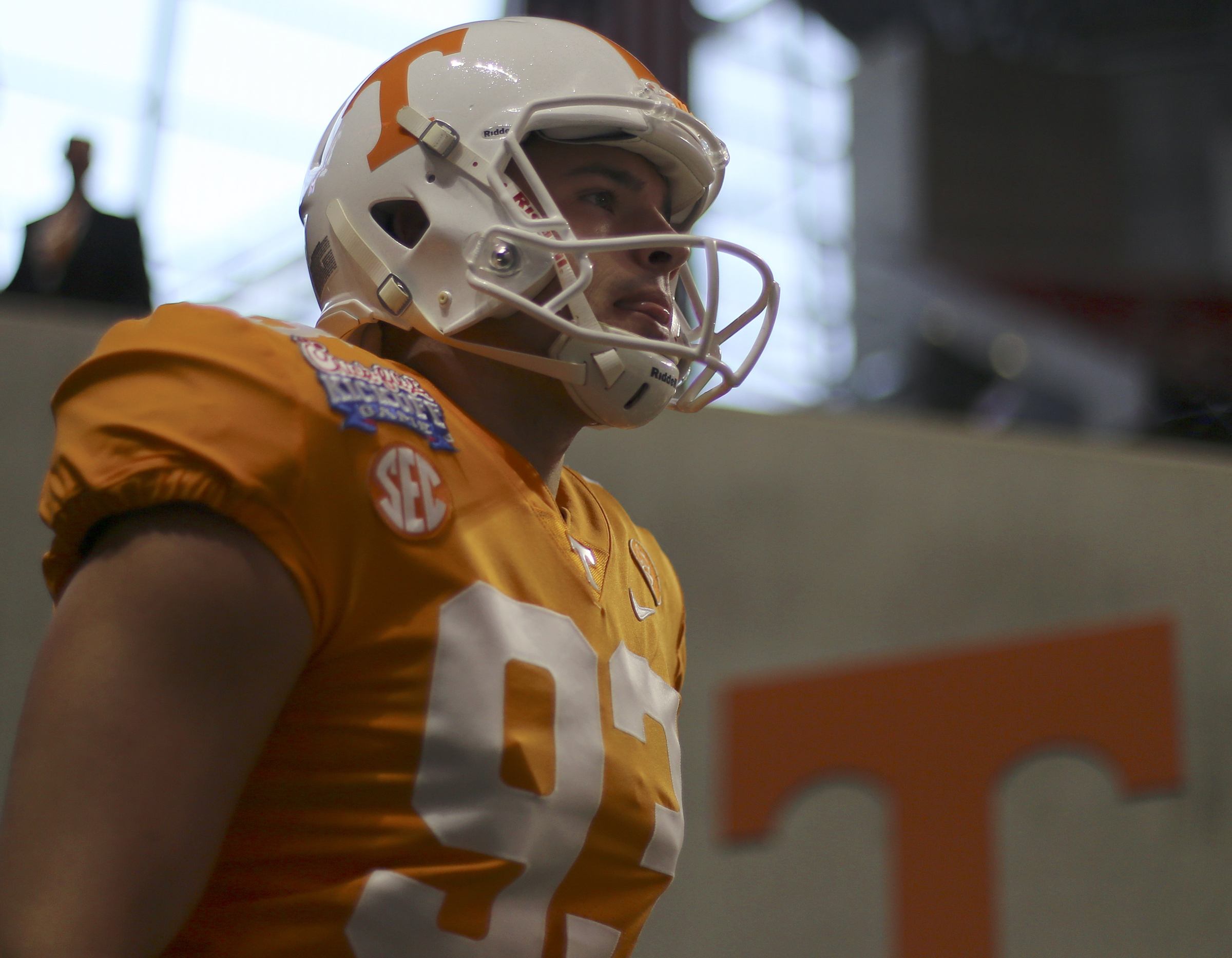 Tennessee punter Trevor Daniel (93) takes the field for warmups before facing off against Georgia Tech in the Chick-fil-A Kickoff Game at Mercedes-Benz Stadium on Monday, Sept. 4, in Atlanta, Ga.