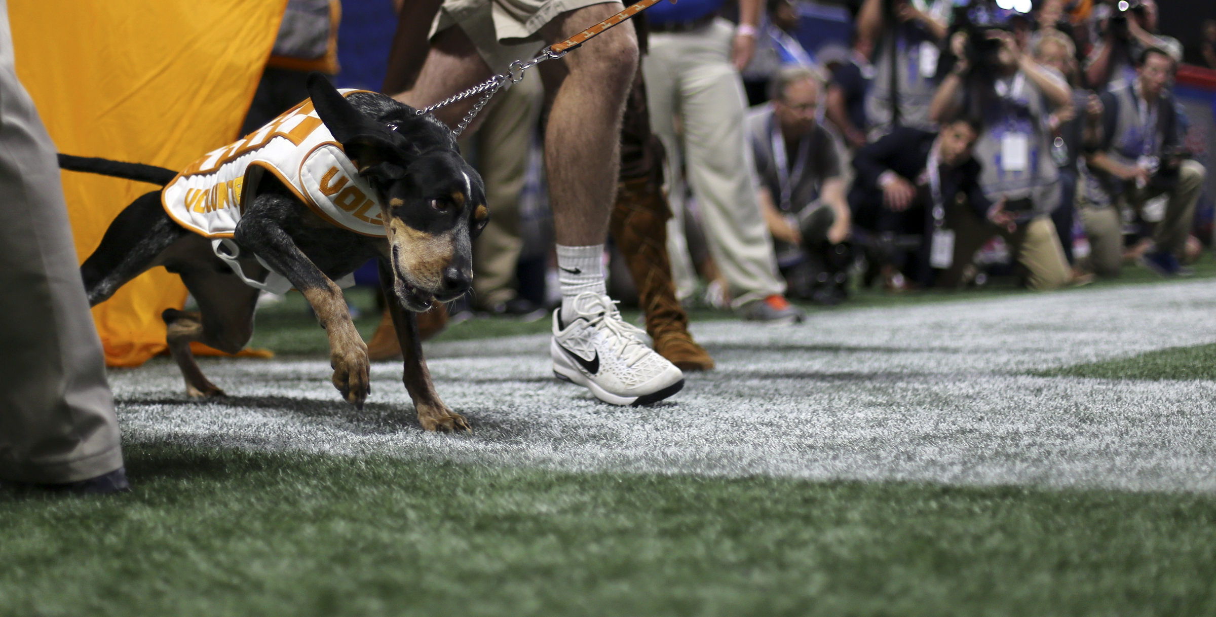 Tennessee mascot Smokey takes the field before kickoff against Georgia Tech in the Chick-fil-A Kickoff Game at Mercedes-Benz Stadium on Monday, Sept. 4, in Atlanta, Ga.