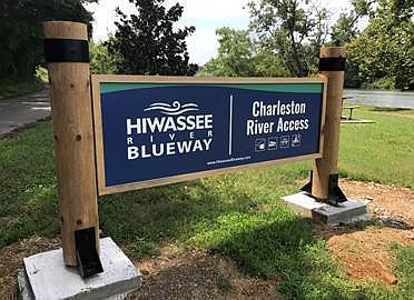 This sign at the access site in Charleston, Tenn., will be unveiled soon as the first of four such signs planned for locations along the Hiwassee River. (Photo contributed by the Southeast Tennessee Department of Tourism)