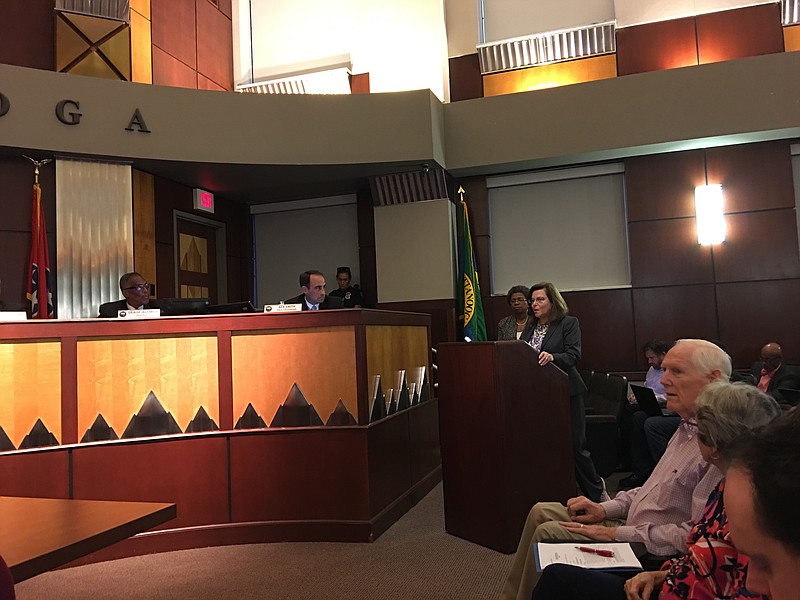 City Finance Officer Daisy Madison, left, and Chief Operating Officer Maura Sullivan address the Chattanooga City Council prior to the 2018 budget vote.
